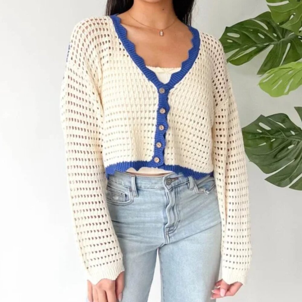 Miou Muse Athena Cropped Crocheted Knit Cardigan, Scalloped Edge - Womens Medium